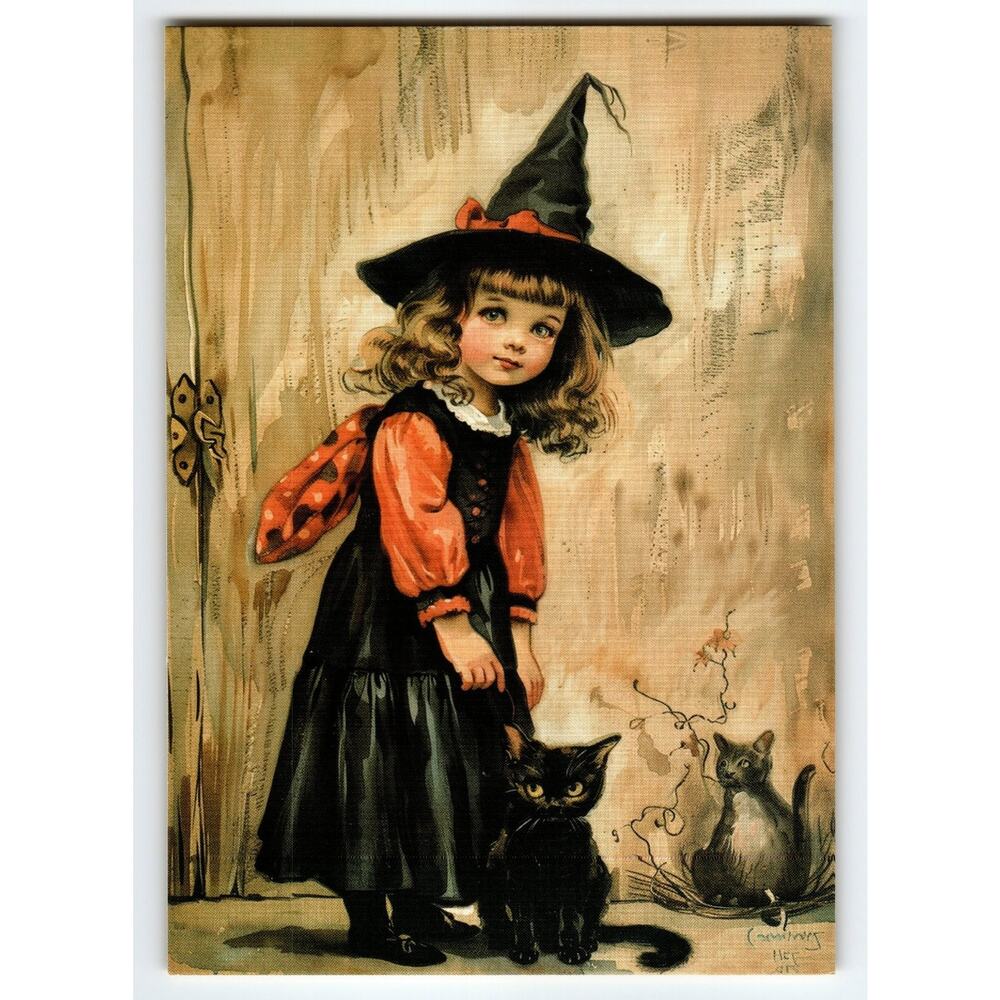 Vintage Halloween Lithograph Postcard Little Witch with Black Cats